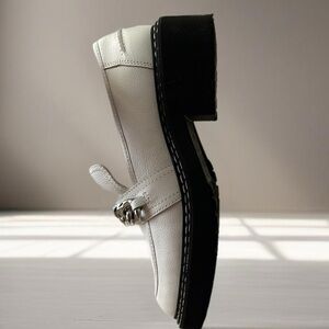 #118 Paolo Loafers White with Silver Faux Chain and Black Bottom Block Heel